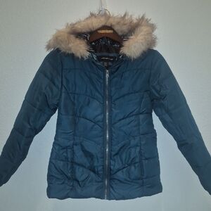 Girls  Blue Puffer Jacket with Faux Fur Hood